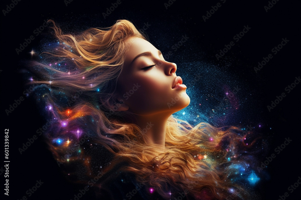 Beautiful woman's head with her eyes closed and her hair transformed into vibrant stars and galaxies, creating a dreamy and ethereal scene. Ai generated Beautiful woman's head with her eyes closed and her hair transformed into vibrant stars and galaxies, creating a dreamy and ethereal scene. Ai generated