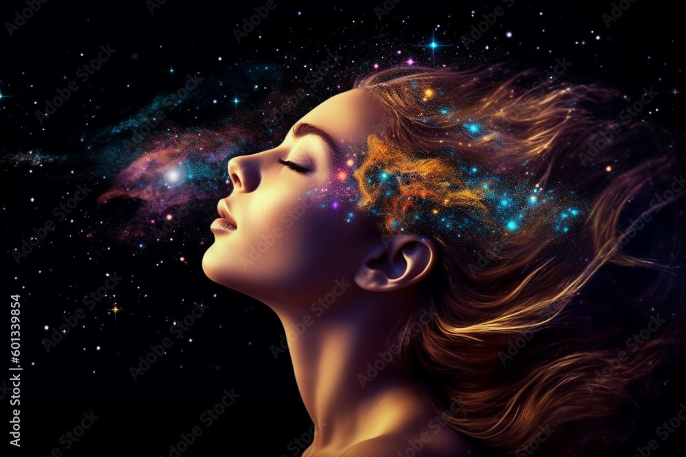 Beautiful woman's head with her eyes closed and her hair transformed into vibrant stars and galaxies, creating a dreamy and ethereal scene. Ai generated
