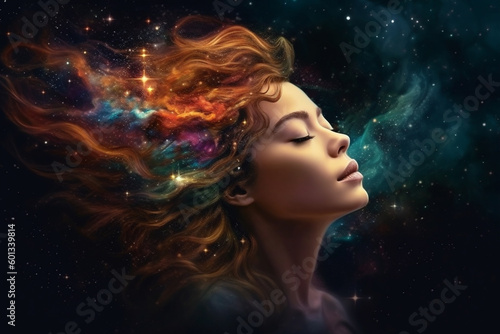 Beautiful woman s head with her eyes closed and her hair transformed into vibrant stars and galaxies  creating a dreamy and ethereal scene. Ai generated