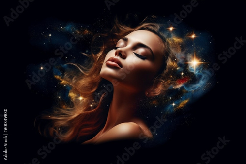 Beautiful woman's head with her eyes closed and her hair transformed into vibrant stars and galaxies, creating a dreamy and ethereal scene. Ai generated