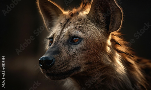 close up photo of hyena on blurry savannah background. Generative AI