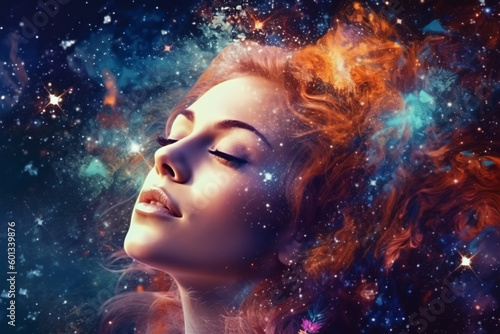 Beautiful woman s head with her eyes closed and her hair transformed into vibrant stars and galaxies  creating a dreamy and ethereal scene. Ai generated