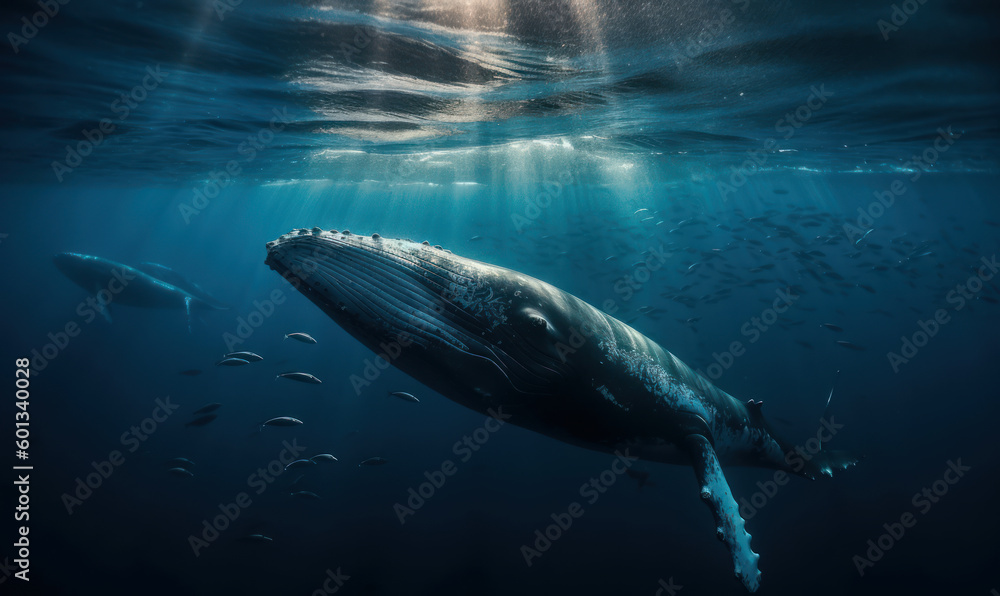 Photo of humpback whale, majestic and serene, gliding through a deep, turquoise sea with a school of shimmering fish in tow that emphasizes the whale's massive size and fluid movements. Generative AI Photo of humpback whale, majestic and serene, gliding through a deep, turquoise sea with a school of shimmering fish in tow that emphasizes the whale's massive size and fluid movements. Generative AI