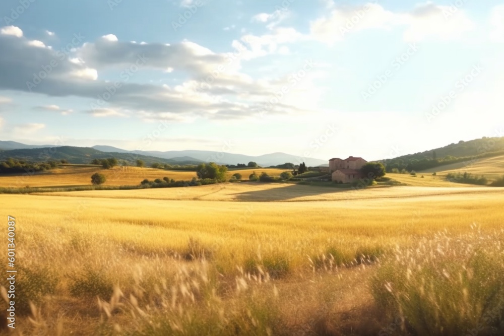 Naklejka premium Yellow fields, hills, rural landscape at sunset. Generative AI