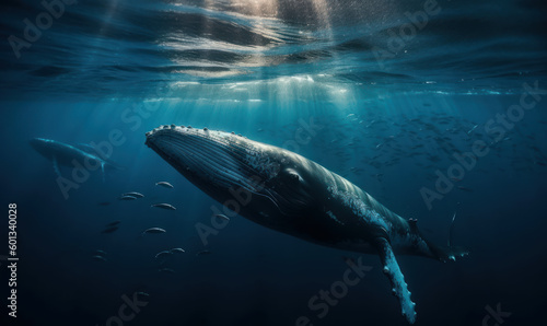 Photo of humpback whale, majestic and serene, gliding through a deep, turquoise sea with a school of shimmering fish in tow that emphasizes the whale's massive size and fluid movements. Generative AI © Bartek