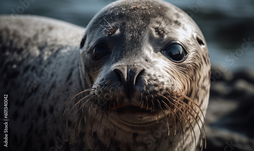 close up photo of hooded seal on blurry background of its natural habitat. Generative AI © Bartek