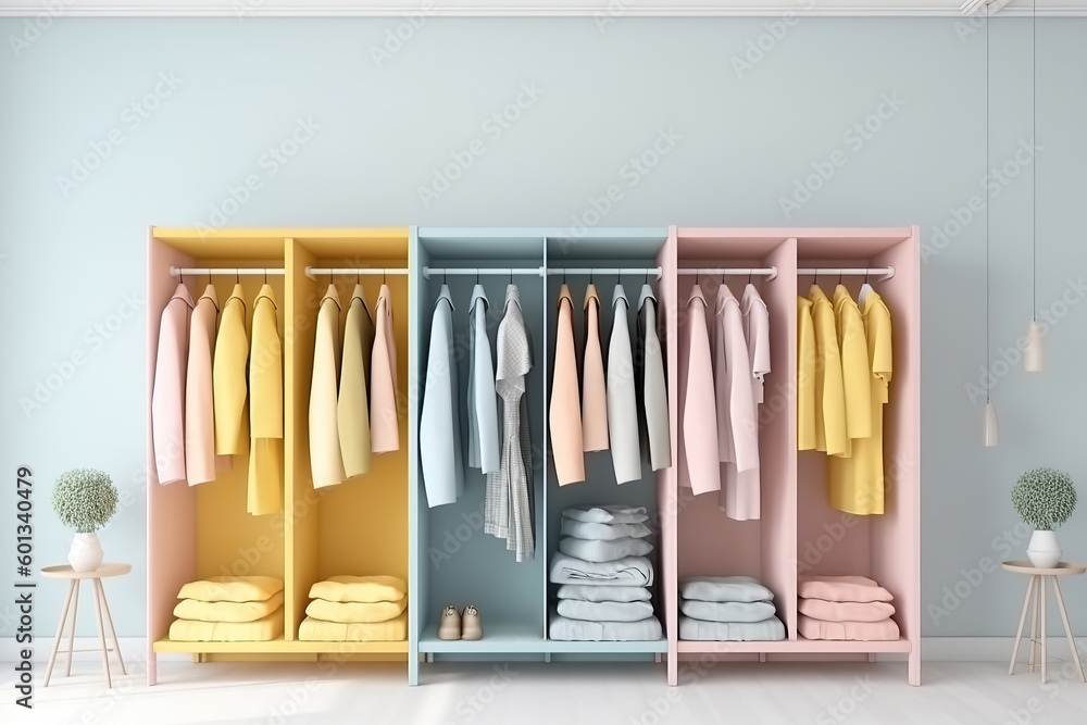 Colorful clothes on multicolor cupboard with pastel colors. Generative AI
