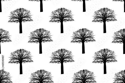 Black Tree Silhouette. Seamless pattern with Trees on white background. Wallpaper and bed linen print. Vector illustration.