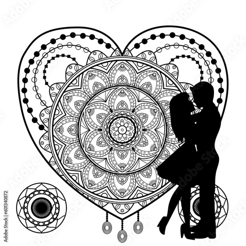 Vector illustration of a decorative heart mandala with lovers silhouette for anti-stress coloring adult book, mandala cuore con silhouette innamorati da colorare anti-stress per libro adulti