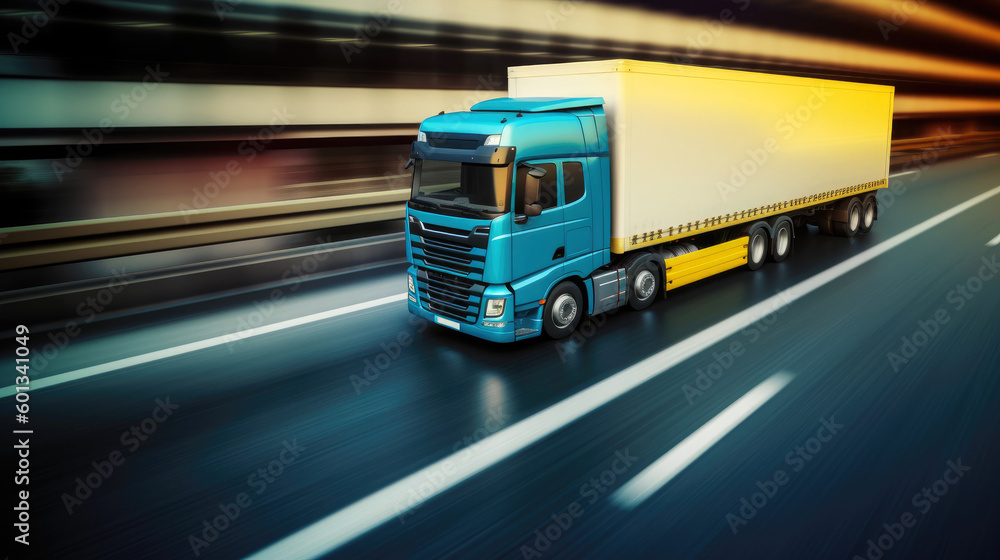 Modern lorry speeding down the highway, surrounded by the hustle and bustle of global business activity. Generative AI Modern lorry speeding down the highway, surrounded by the hustle and bustle of global business activity. Generative AI