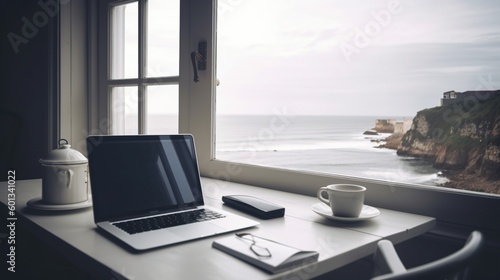 Illustration of workplace with laptop and cup of hot beverage and beautiful view on mountains in rainforest. Indoor background. AI generative image. © vlntn