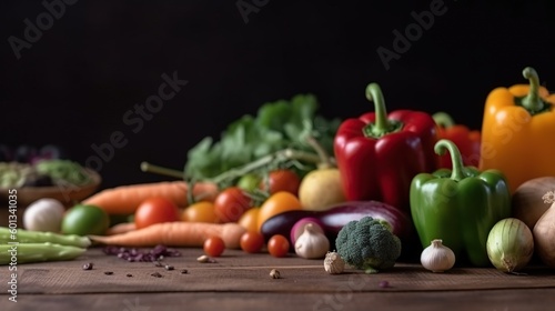 Big group of different vegetables on wooden table and black background. Healthy organic food with copy space. AI generative image.