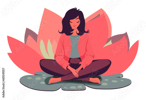 Asian woman is sitting in lotus pose and relaxing. Hippie groovy retro vibe  