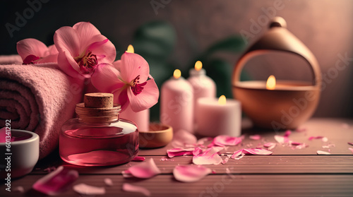 Beautiful spa concept pink background. Natural organic skin and body care cosmetic products. Indoor background with copy space. AI generative image.