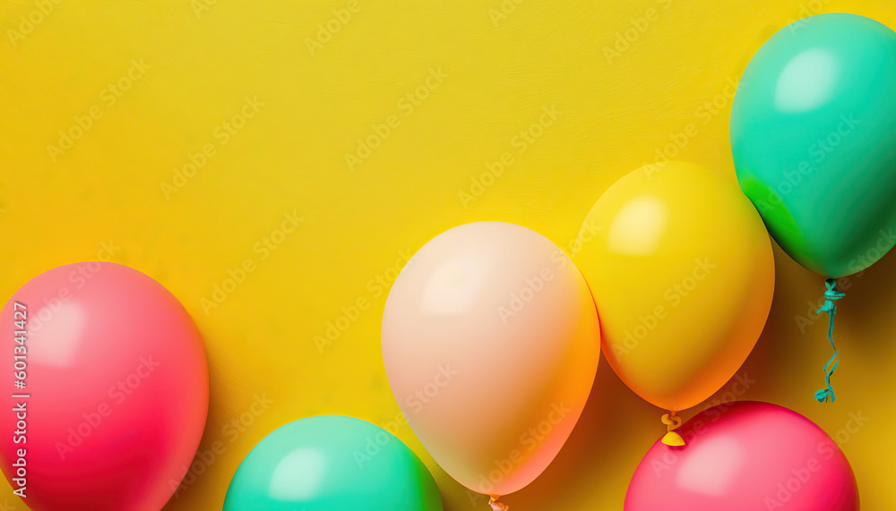 Multicolored balloons on yellow background with copy space. Horizontal banner. AI generative image.