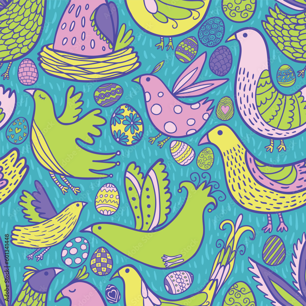 Folk style Birds with eggs Easter abstract seamless pattern