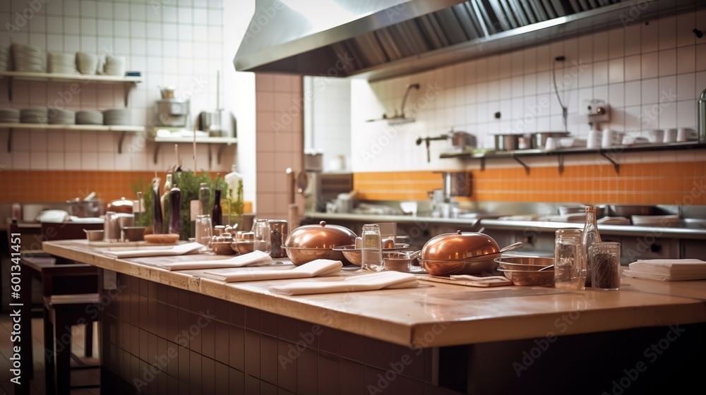 Spacious modern restaurant kitchen interior background with copy space. Wooden table counter with different kitchenware for preparing food. AI generative image.