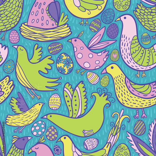 Folk style Birds with eggs Easter abstract seamless pattern