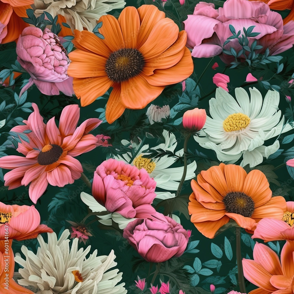 Beautiful floral seamless pattern with different flowers. Summer endless texture. Fabric or wrapping paper template. AI generative image. Beautiful floral seamless pattern with different flowers. Summer endless texture. Fabric or wrapping paper template. AI generative image.