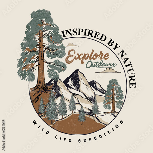 Nature inspired vector mountain with forest tree and explore outdoors, Explore graphic print design for apparel. Mounting summer camping artwork for t shirt , sweatshirt, poster, sticker and others.