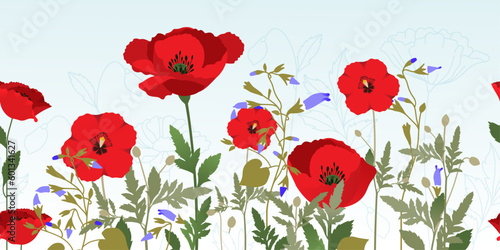 Seamless minimal Hand drawn Spring Poppy Flowers and leaf vector Texture. Full Vector summer illustration with Flat Style Colours