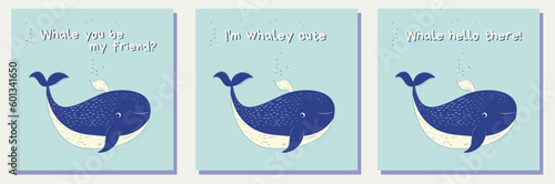 Set of greeting cards with with funny captions. Blue whale - folk-inspired illustration for children.