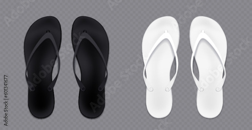 Black and white flip flops mockup set isolated on transparent background. Vector realistic illustration of blank summer beach slippers, hotel spa or home footwear made of rubber or textile, top view