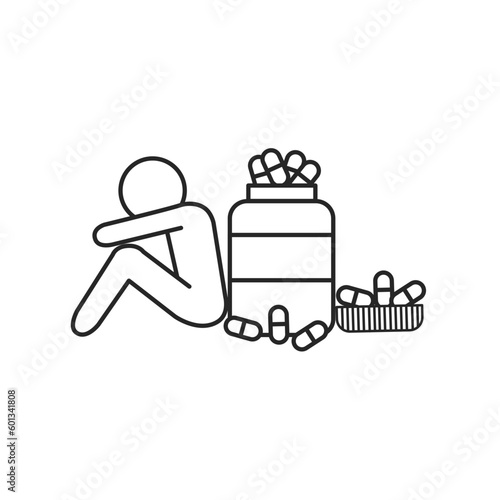 addict icon, dependent person, addiction for pills, drug bottle, thin line symbol on white background - vector illustration.