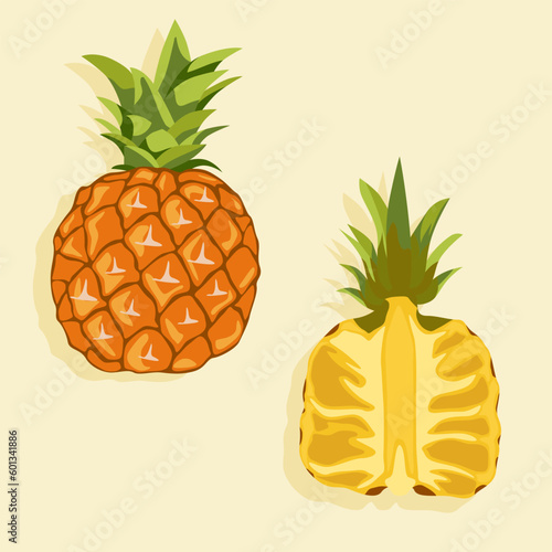Pineapple whole and half. Ripe tropical fruit. Summer food. Food icons in vector.