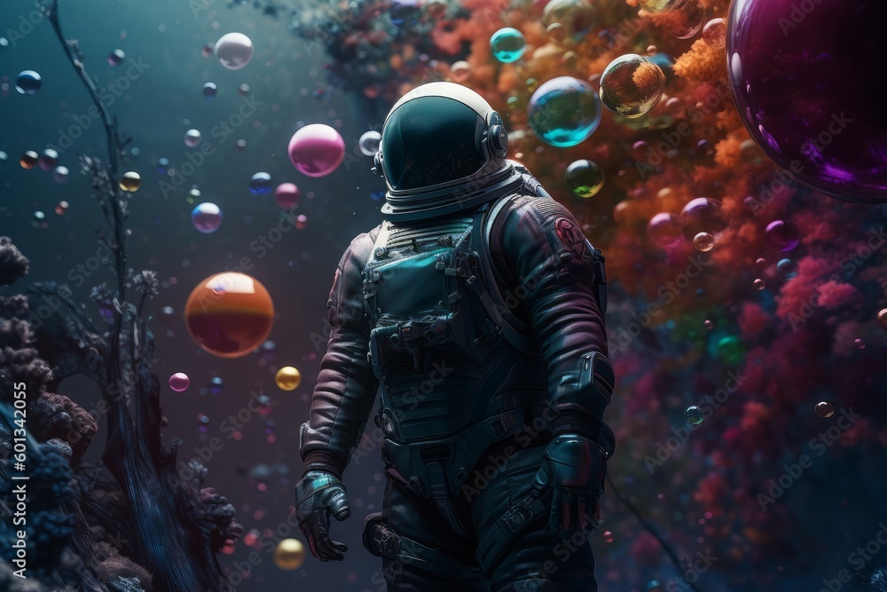 Astronaut galaxy bubbles moon. Generate Ai