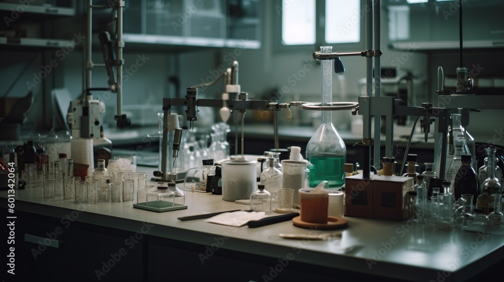 Illustration of laboratory or chemistry classroom with glass flasks and measuring tools. Indoor background. AI generative image. Illustration of laboratory or chemistry classroom with glass flasks and measuring tools. Indoor background. AI generative image.