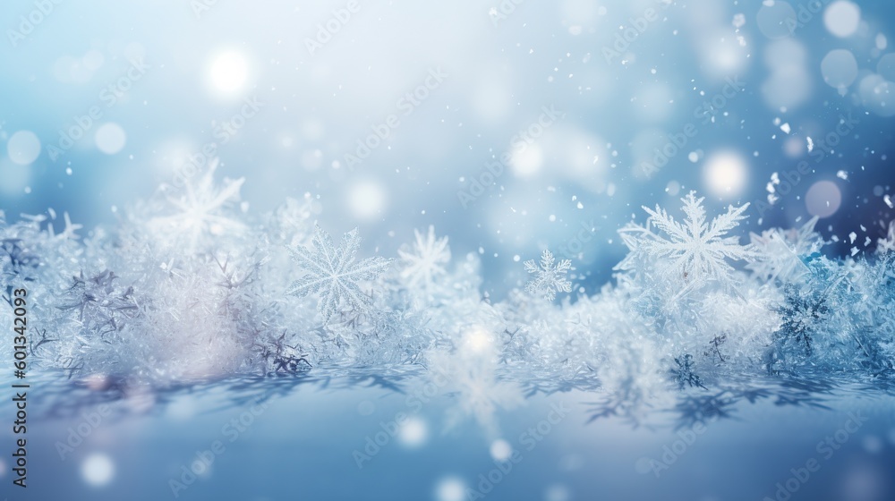 Abstract beautiful Christmas background with shiny snowflakes and bokeh. Fantasy winter backdrop with copy space. AI generative image. Abstract beautiful Christmas background with shiny snowflakes and bokeh. Fantasy winter backdrop with copy space. AI generative image.