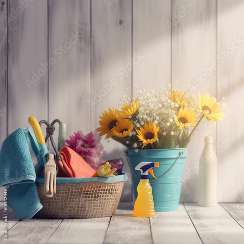 Spring into Clean. A Washing Set in a Rustic Bucket or Basket with Floral Banner. generative ai