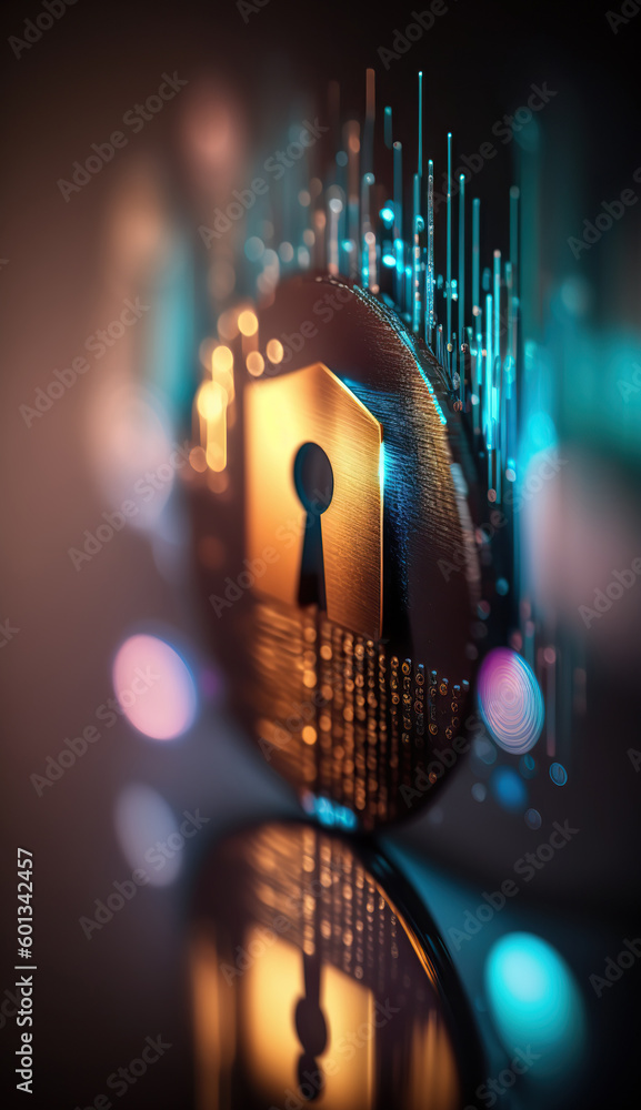 Cyber security digital shield for protecting data, abstract futuristic vertical background. AI generative image.