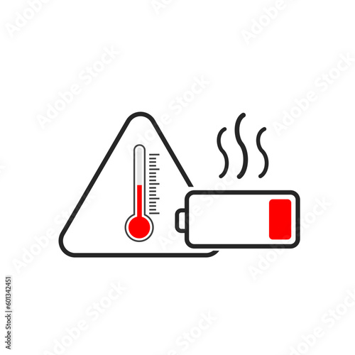 battery overheating icon, attention high accumulator temperature, thin line symbol on white background - editable stroke vector illustration eps10