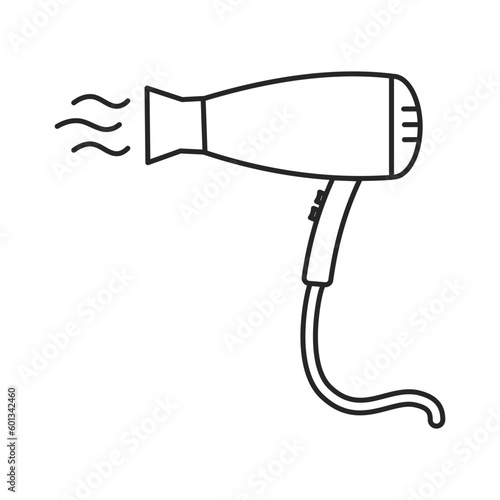 dryer hair icon, hairdryer with blow air, use appliance, thin line web symbol on white background - editable stroke vector illustration eps10.
