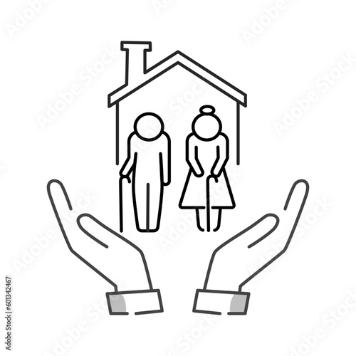 elder care icon, old people with home, help age generation, senior healthcare, caregiver organization, health insurance, charity people community, thin line symbol - vector illustration.