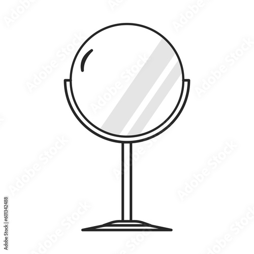 Small makeup mirror in circle frame on stand vector flat illustration. Modern cosmetic equipment with silver metal border isolated. Glossy reflective glass for making visage and beauty care procedure.