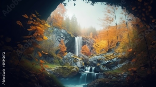 Beautiful and picturesque autumn landscape with lake and waterfall. Outdoor cozy background with copy space. AI generative image.