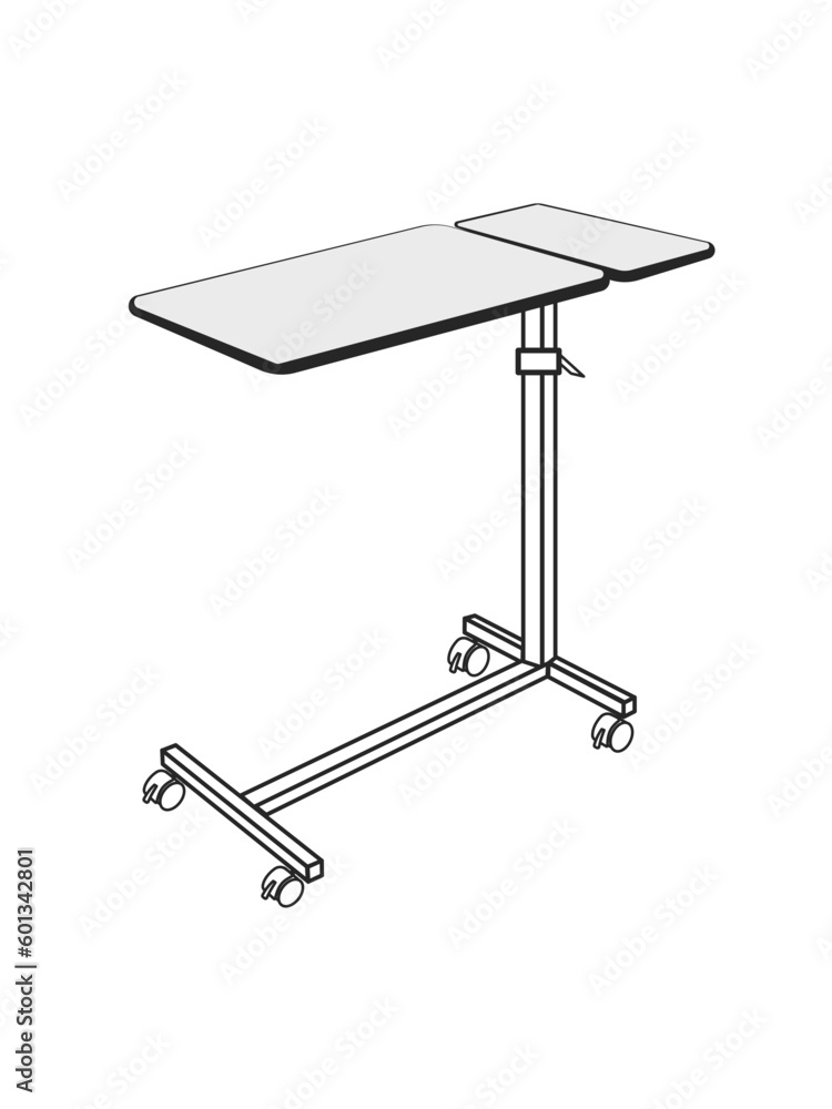 Medical adjustable overbed bedside table with wheels. Vector outline illustration.