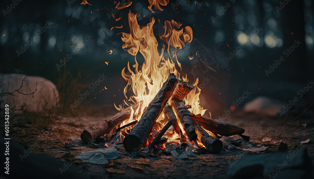 Evening outdoor nature background with close up campfire. Vivid flame bonfire illustration. AI generative image. - obrazy, fototapety, plakaty 