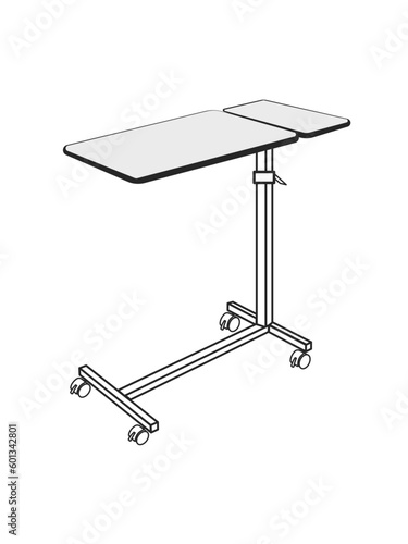 Medical adjustable overbed bedside table with wheels. Vector outline illustration.