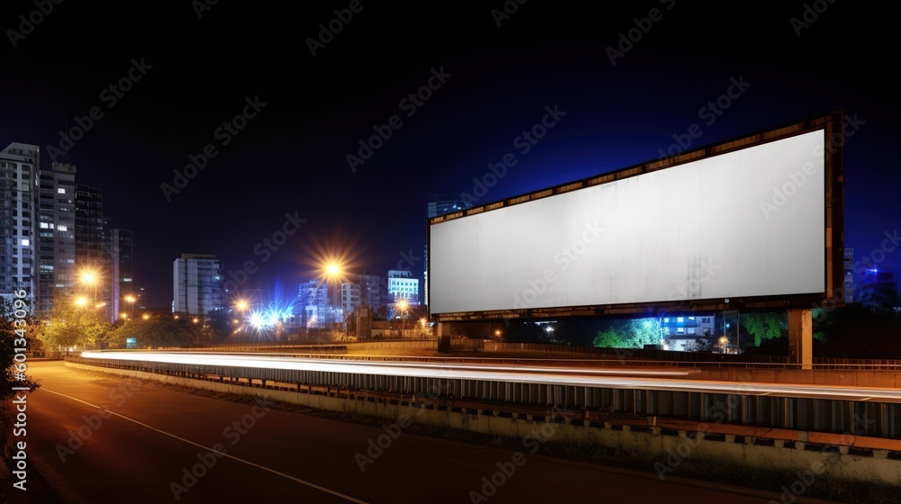 Glowing empty clean billboard with copy space in the big modern city at night. Cityscape outdoor background. AI generative image.