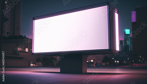 Bright neon lit billboard with empty clean copy space. Night big city outdoor background. AI generative image.