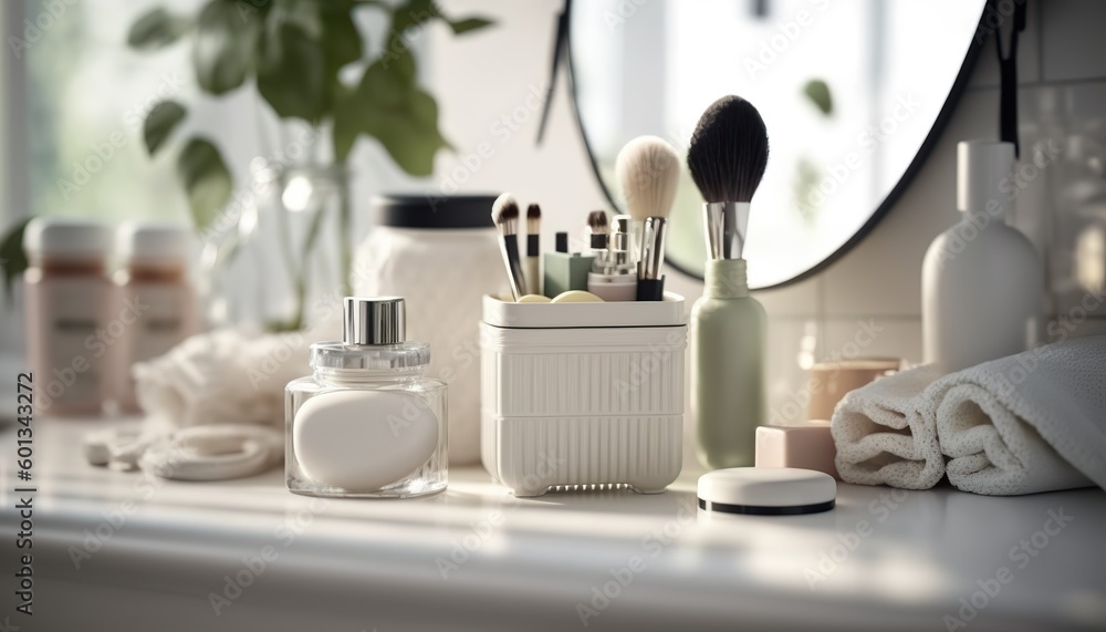 Beautiful luxury bathroom table with decorative and body care cosmetic products, flowers and mirror. Indoor horizontal background. AI generative image.