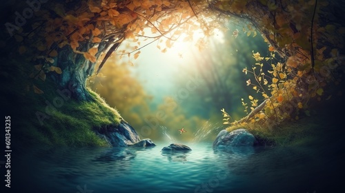 Beautiful autumn nature background with view from cave with fresh clean water stream and yellow leaves. Copy space in the middle. Picturesque outdoor backdrop. AI generative image.