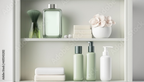 Bathroom shelf with different beauty cosmetic body care products  pastel colors package mockup. Indoor background. AI generative image.