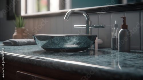 Illustration of modern clean bathroom counter top made of stone, sink and water tap. Luxury interior design. Indoor background with copy space. AI generative image.