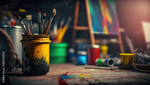 Close up paintbrushes on blurred indoor artistic studio background. Art tools. AI generative image.