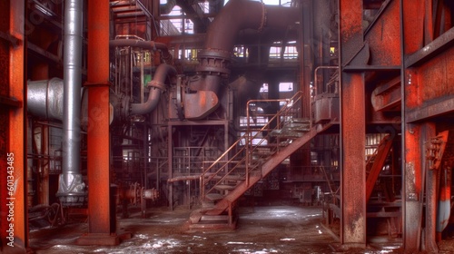 Illustration of abandoned rusty factory with copy space. Industrial indoor background red color. AI generative image.